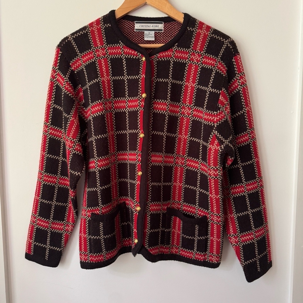 Vintage Red Plaid‎ Cardigan Sweater Womens M Crystal-Kobe 90s Preppy Academia